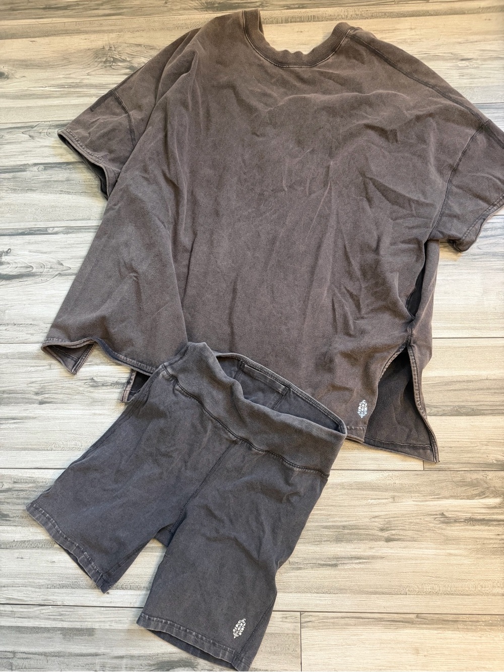 Free People gray washed Tee & Bike Shorts Set